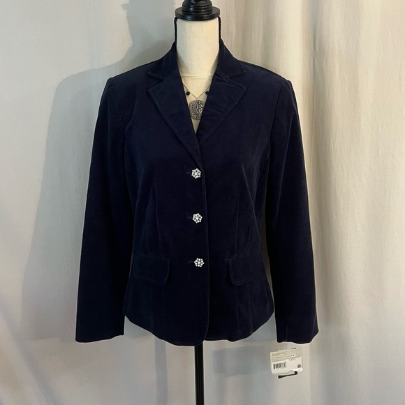 Liz Claiborne Navy Velvet Tailored Blazer with Rhinestone Snowflake Button NWT 6 - Picture 4 of 15